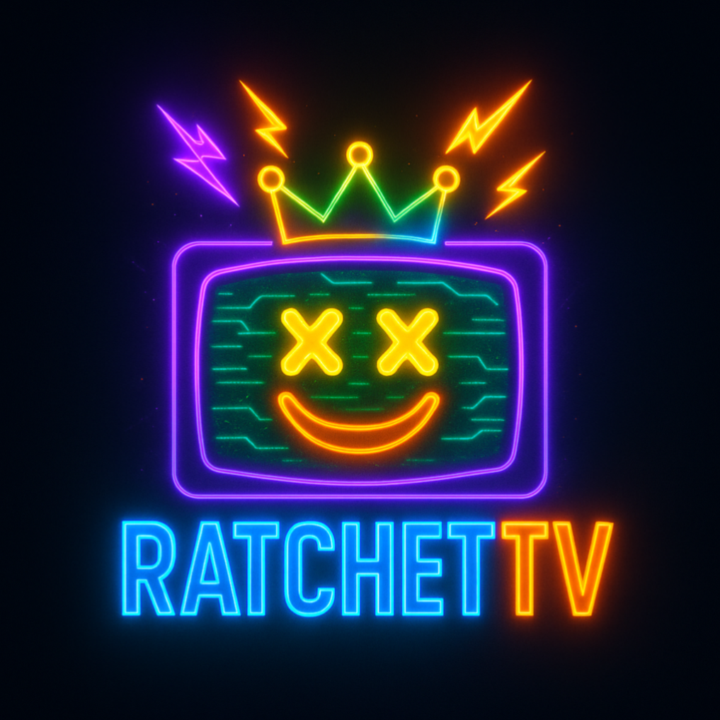 Neon sign with 'Ratchet TV' logo featuring a smiling face and crown on a black background
